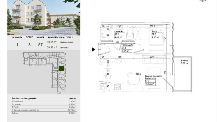 Rzut - Mieszkanie na sprzedaż 2 pokoje o powierzchni 38,97 m² - numer A57 w Aleja Mickiewicza