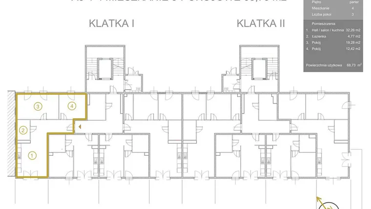 Rzut - Mieszkanie na sprzedaż 3 pokoje o powierzchni 67,91 m² - numer A3-1-4 w Vidok Residence - etap III