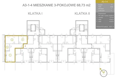 Rzut - Mieszkanie na sprzedaż 3 pokoje o powierzchni 67,91 m² - numer A3-1-4 w Vidok Residence - etap III