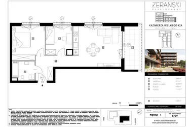 Rzut - Mieszkanie na sprzedaż 3 pokoje o powierzchni 59,05 m² - numer B09 w Kazimierza Wielkiego 42A etap II