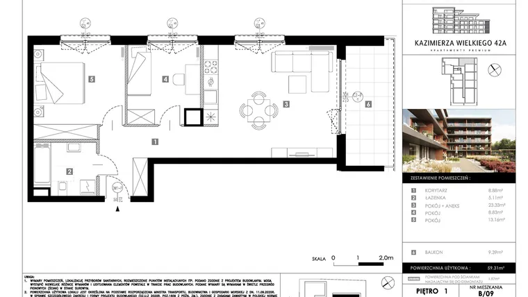 Rzut - Mieszkanie na sprzedaż 3 pokoje o powierzchni 59,05 m² - numer B09 w Kazimierza Wielkiego 42A etap II