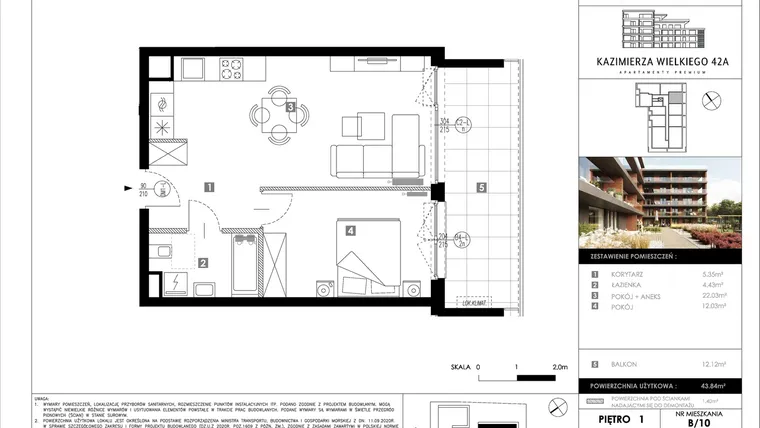 Rzut - Mieszkanie na sprzedaż 2 pokoje o powierzchni 43,84 m² - numer B10 w Kazimierza Wielkiego 42A etap II