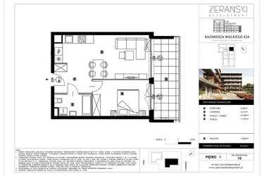 Rzut - Mieszkanie na sprzedaż 2 pokoje o powierzchni 43,56 m² - numer B10 w Kazimierza Wielkiego 42A etap II