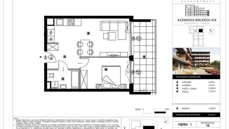 Rzut - Mieszkanie na sprzedaż 2 pokoje o powierzchni 43,56 m² - numer B10 w Kazimierza Wielkiego 42A etap II
