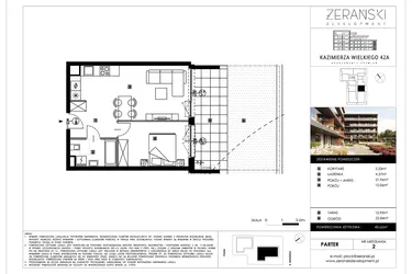 Rzut - Mieszkanie na sprzedaż 2 pokoje o powierzchni 43,62 m² - numer B02 w Kazimierza Wielkiego 42A etap II