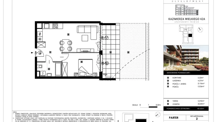 Rzut - Mieszkanie na sprzedaż 2 pokoje o powierzchni 43,62 m² - numer B02 w Kazimierza Wielkiego 42A etap II