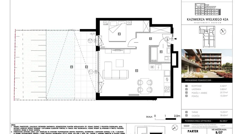 Rzut - Mieszkanie na sprzedaż 2 pokoje o powierzchni 46,54 m² - numer B07 w Kazimierza Wielkiego 42A etap II