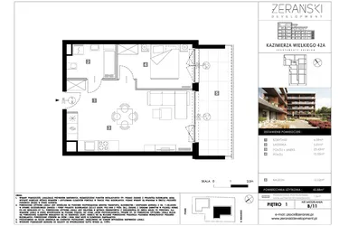 Rzut - Mieszkanie na sprzedaż 2 pokoje o powierzchni 43,88 m² - numer B11 w Kazimierza Wielkiego 42A etap II