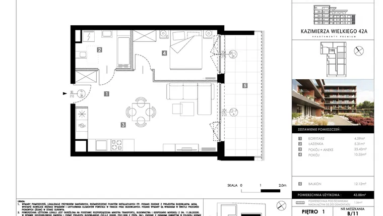 Rzut - Mieszkanie na sprzedaż 2 pokoje o powierzchni 43,88 m² - numer B11 w Kazimierza Wielkiego 42A etap II
