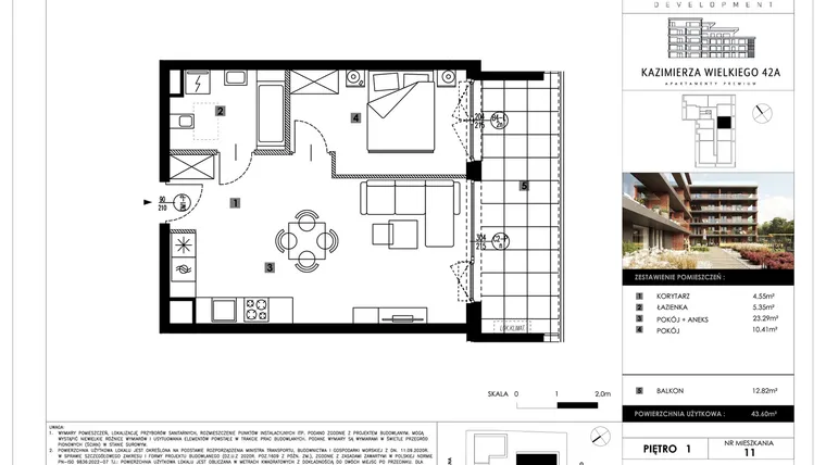 Rzut - Mieszkanie na sprzedaż 2 pokoje o powierzchni 43,6 m² - numer B11 w Kazimierza Wielkiego 42A etap II