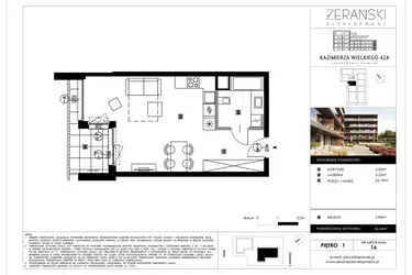 Rzut - Mieszkanie na sprzedaż 1 pokój o powierzchni 36,64 m² - numer B16 w Kazimierza Wielkiego 42A etap II