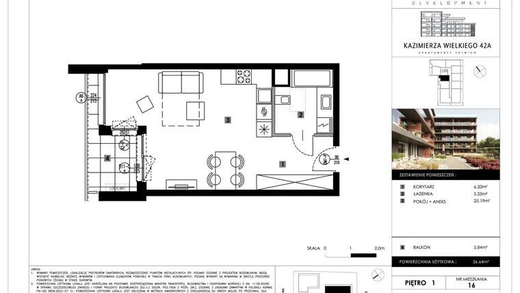 Rzut - Mieszkanie na sprzedaż 1 pokój o powierzchni 36,64 m² - numer B16 w Kazimierza Wielkiego 42A etap II