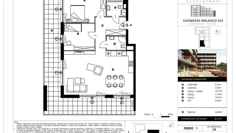 Rzut - Mieszkanie na sprzedaż 3 pokoje o powierzchni 86,73 m² - numer B14 w Kazimierza Wielkiego 42A etap II
