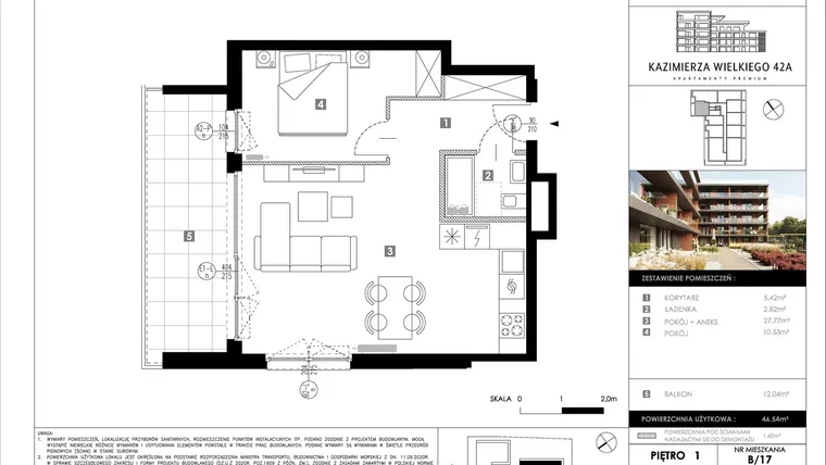 Rzut - Mieszkanie na sprzedaż 2 pokoje o powierzchni 46,54 m² - numer B17 w Kazimierza Wielkiego 42A etap II