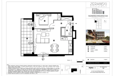 Rzut - Mieszkanie na sprzedaż 2 pokoje o powierzchni 46,27 m² - numer B17 w Kazimierza Wielkiego 42A etap II