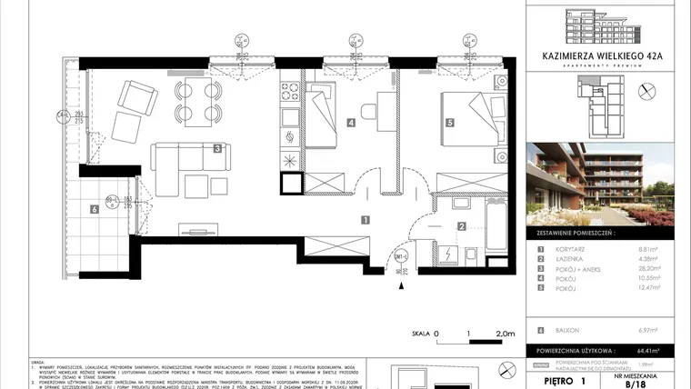 Rzut - Mieszkanie na sprzedaż 3 pokoje o powierzchni 64,41 m² - numer B18 w Kazimierza Wielkiego 42A etap II