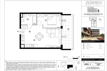 Rzut - Mieszkanie na sprzedaż 2 pokoje o powierzchni 43,88 m² - numer B21 w Kazimierza Wielkiego 42A etap II