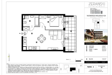 Rzut - Mieszkanie na sprzedaż 2 pokoje o powierzchni 44,55 m² - numer B21 w Kazimierza Wielkiego 42A etap II
