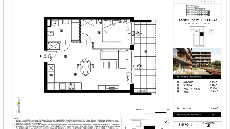 Rzut - Mieszkanie na sprzedaż 2 pokoje o powierzchni 44,55 m² - numer B21 w Kazimierza Wielkiego 42A etap II