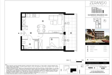 Rzut - Mieszkanie na sprzedaż 2 pokoje o powierzchni 43,84 m² - numer B22 w Kazimierza Wielkiego 42A etap II