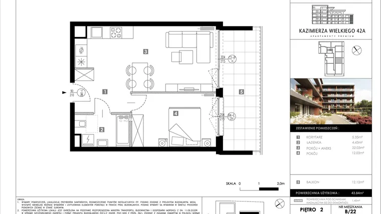 Rzut - Mieszkanie na sprzedaż 2 pokoje o powierzchni 43,84 m² - numer B22 w Kazimierza Wielkiego 42A etap II