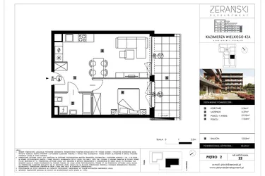 Rzut - Mieszkanie na sprzedaż 2 pokoje o powierzchni 43,49 m² - numer B22 w Kazimierza Wielkiego 42A etap II