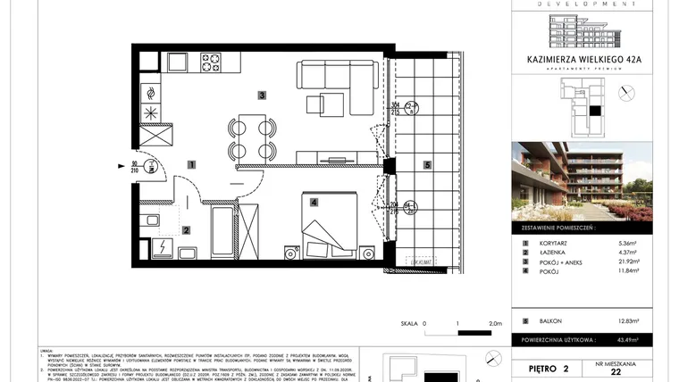 Rzut - Mieszkanie na sprzedaż 2 pokoje o powierzchni 43,49 m² - numer B22 w Kazimierza Wielkiego 42A etap II