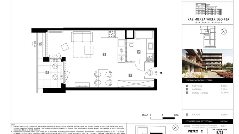 Rzut - Mieszkanie na sprzedaż 1 pokój o powierzchni 36,78 m² - numer B26 w Kazimierza Wielkiego 42A etap II