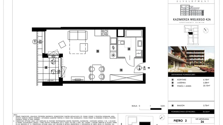 Rzut - Mieszkanie na sprzedaż 1 pokój o powierzchni 36,56 m² - numer B26 w Kazimierza Wielkiego 42A etap II