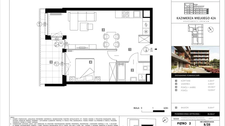 Rzut - Mieszkanie na sprzedaż 2 pokoje o powierzchni 46,86 m² - numer B25 w Kazimierza Wielkiego 42A etap II