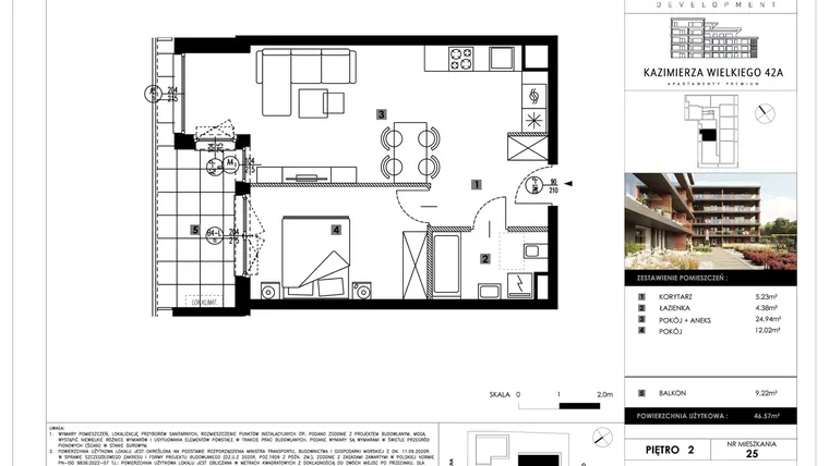 Rzut - Mieszkanie na sprzedaż 2 pokoje o powierzchni 46,57 m² - numer B25 w Kazimierza Wielkiego 42A etap II