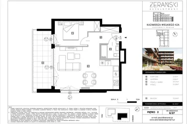 Rzut - Mieszkanie na sprzedaż 2 pokoje o powierzchni 46,54 m² - numer B27 w Kazimierza Wielkiego 42A etap II