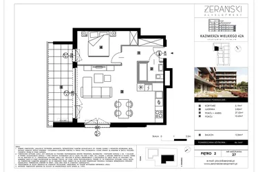 Rzut - Mieszkanie na sprzedaż 2 pokoje o powierzchni 46,16 m² - numer B27 w Kazimierza Wielkiego 42A etap II
