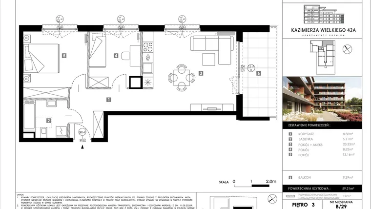 Rzut - Mieszkanie na sprzedaż 3 pokoje o powierzchni 59,31 m² - numer B29 w Kazimierza Wielkiego 42A etap II