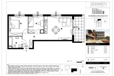 Rzut - Mieszkanie na sprzedaż 3 pokoje o powierzchni 59,25 m² - numer B29 w Kazimierza Wielkiego 42A etap II