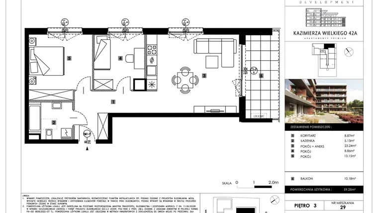 Rzut - Mieszkanie na sprzedaż 3 pokoje o powierzchni 59,25 m² - numer B29 w Kazimierza Wielkiego 42A etap II