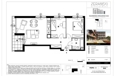 Rzut - Mieszkanie na sprzedaż 3 pokoje o powierzchni 64,41 m² - numer B35 w Kazimierza Wielkiego 42A etap II