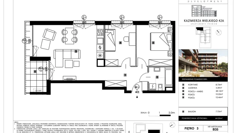 Rzut - Mieszkanie na sprzedaż 3 pokoje o powierzchni 64,41 m² - numer B35 w Kazimierza Wielkiego 42A etap II