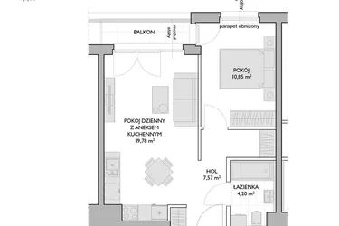 Rzut - Mieszkanie na sprzedaż 2 pokoje o powierzchni 42,4 m² - numer WO/P3/15 w Wiszące Ogrody