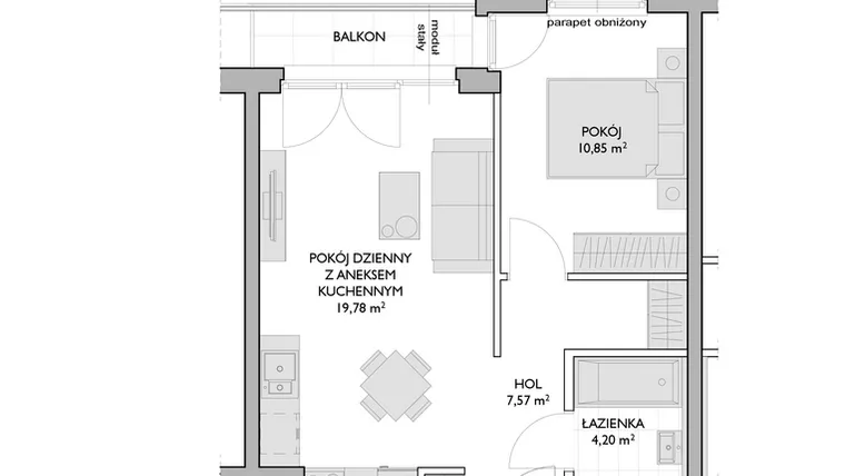 Rzut - Mieszkanie na sprzedaż 2 pokoje o powierzchni 42,4 m² - numer WO/P3/15 w Wiszące Ogrody