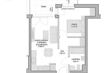 Rzut - Mieszkanie na sprzedaż 2 pokoje o powierzchni 41,55 m² - numer WO/P3/13 w Wiszące Ogrody