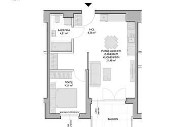 Rzut - Mieszkanie na sprzedaż 2 pokoje o powierzchni 44,28 m² - numer WO/P3/20 w Wiszące Ogrody