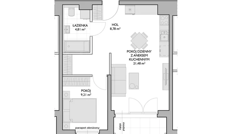 Rzut - Mieszkanie na sprzedaż 2 pokoje o powierzchni 44,28 m² - numer WO/P3/20 w Wiszące Ogrody