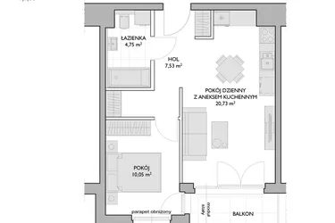 Rzut - Mieszkanie na sprzedaż 2 pokoje o powierzchni 43,06 m² - numer WO/P3/19 w Wiszące Ogrody