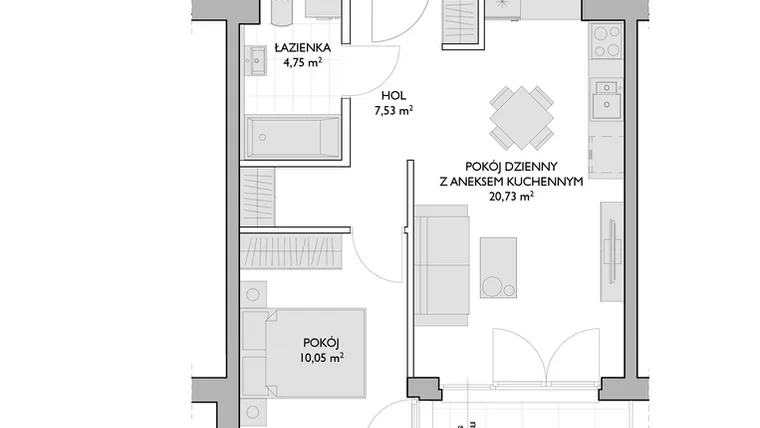 Rzut - Mieszkanie na sprzedaż 2 pokoje o powierzchni 43,06 m² - numer WO/P3/19 w Wiszące Ogrody
