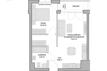 Rzut - Mieszkanie na sprzedaż 2 pokoje o powierzchni 43,94 m² - numer WO/P3/27 w Wiszące Ogrody