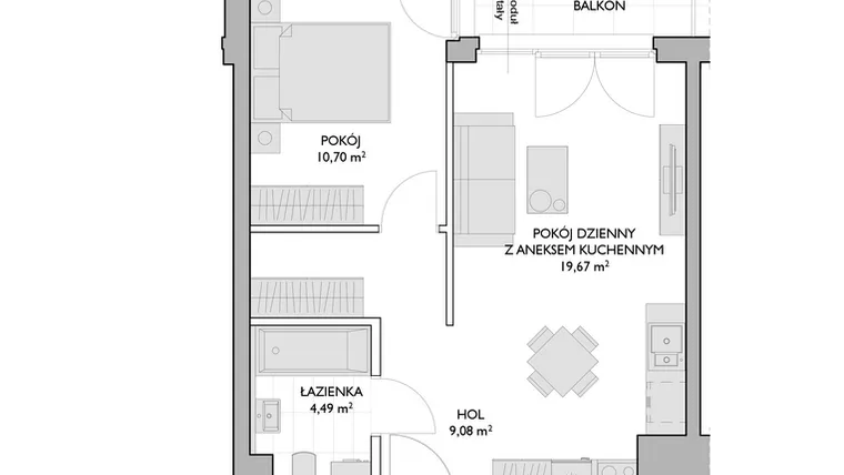 Rzut - Mieszkanie na sprzedaż 2 pokoje o powierzchni 43,94 m² - numer WO/P3/27 w Wiszące Ogrody