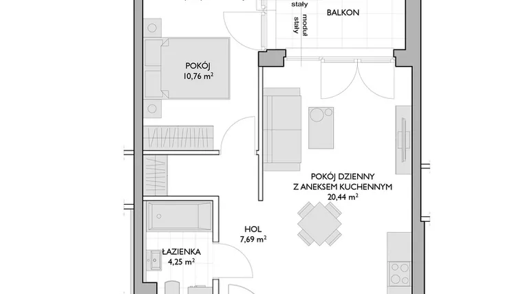 Rzut - Mieszkanie na sprzedaż 2 pokoje o powierzchni 43,14 m² - numer WO/P3/37 w Wiszące Ogrody