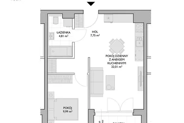 Rzut - Mieszkanie na sprzedaż 2 pokoje o powierzchni 44,56 m² - numer WO/P3/46 w Wiszące Ogrody
