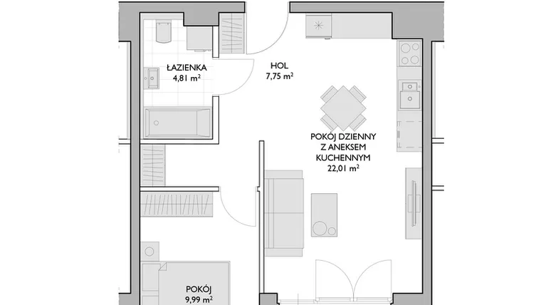 Rzut - Mieszkanie na sprzedaż 2 pokoje o powierzchni 44,56 m² - numer WO/P3/46 w Wiszące Ogrody